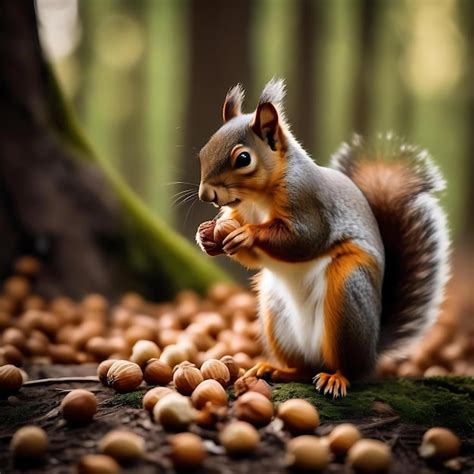 Premium Photo | A squirrel is eating walnuts from a pile of nuts