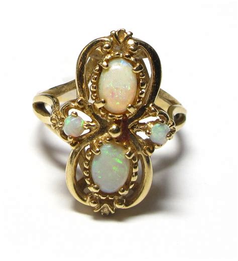 14k Yellow Gold Opal Ring Oval and Round Opals Size 6 1/4 Weight 6.4 ...