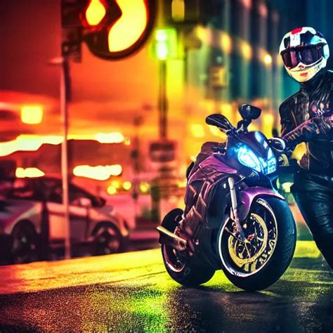 sportbike rider standing in a city, rain, 4k, | Stable Diffusion