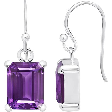 Sterling Silver 10x8mm Emerald Cut Amethyst Dangle Earrings | Gemstone ...