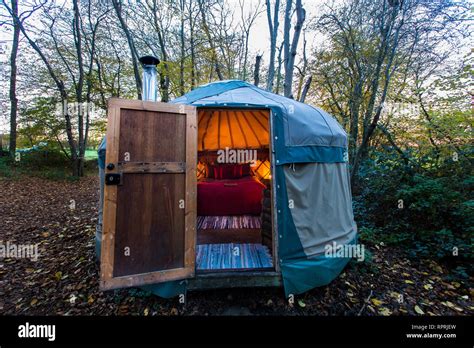 Traditional yurt in the woods, glamping in Autumn / Winter Stock Photo ...