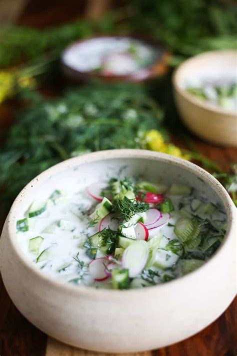 Cold Bulgarian soup with kefir, cucumbers, dill, walnuts and feta