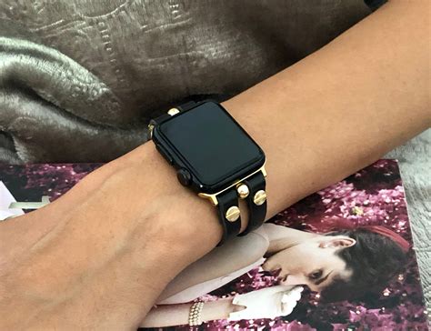 SALE! Black Leather & Gold Apple Watch Band 38mm 40mm 41mm 42mm 44mm 45mm Formal Wear Women ...