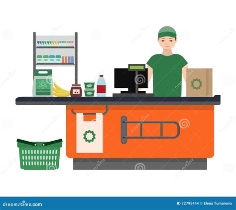 Cashier Man Prepares Purchasing at Supermarket Stock Vector - Illustration of computer ...