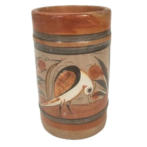 VINTAGE TONALA MEXICAN Clay Pottery Vase Jar Handpainted Bird Design Signed 6" $27.99 - PicClick