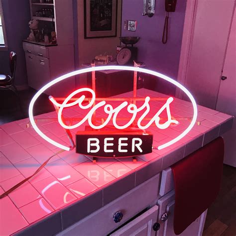 Vintage Coors Neon Beer Sign 3 colors 24" across 14 1/2" tall Pink/orange Coors White Ring green ...