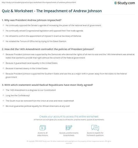 Quiz & Worksheet - The Impeachment of Andrew Johnson | Study.com