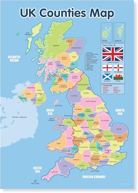 A3 Laminated UK Counties Map Educational Wall Chart: Amazon.co.uk ...