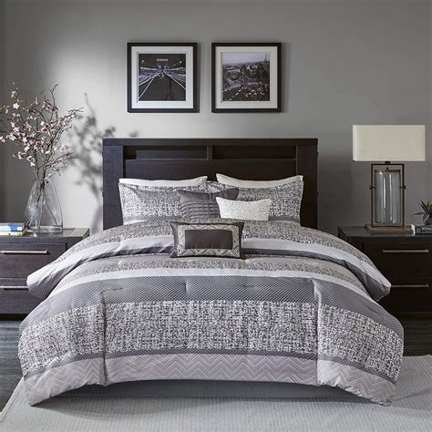 Madison Park Rhapsody Queen Size Bed Comforter Set Bed in A Bag - Grey, Striped – 7 Pieces ...