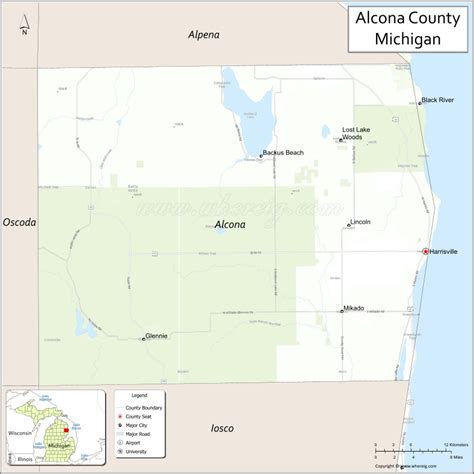 Map of Alcona County, Michigan showing cities, highways & important ...