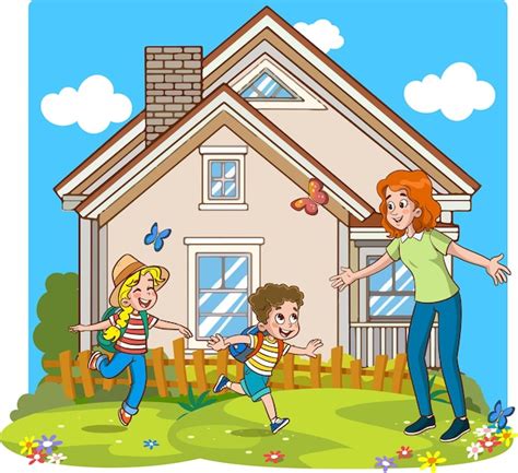 Premium Vector | Cute kids coming home from school running and hugging their mom cartoon vector ...