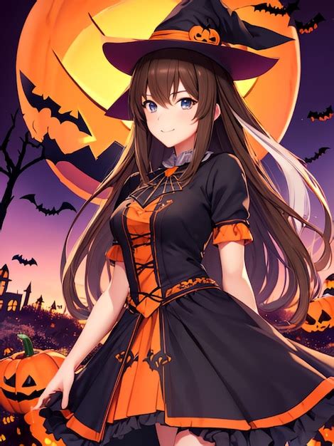 Premium AI Image | Cute witch girl on halloween night anime art for mobile wallpaper