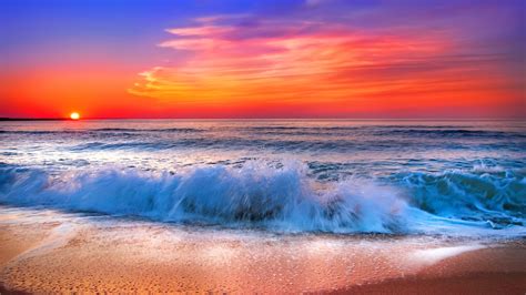 ocean, sunset, waves, sky, sea, beach, bneautiful, sunrise, sands HD Wallpaper