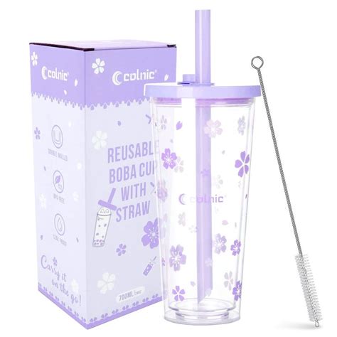 Colnic Reusable Boba Cup With Lids And Straws, 24OZ/700ml Smoothie Cups ...