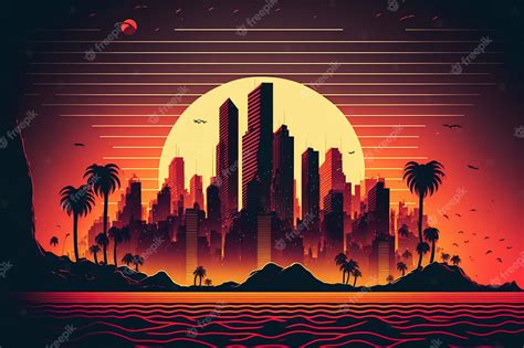 Premium Photo | Wave retro city landscape background at sunset