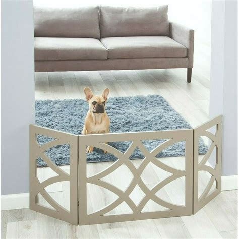 Gray Dog Pet Gate Fence - Freestanding Tri Fold Safety Gate - 3 Panel Decorative Wood Curves ...