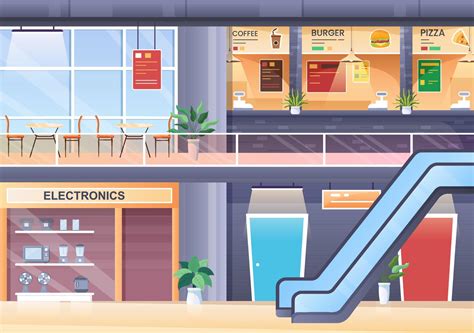 Shopping Mall Modern Background Illustration with Interior Inside, Escalator and Various Retail ...