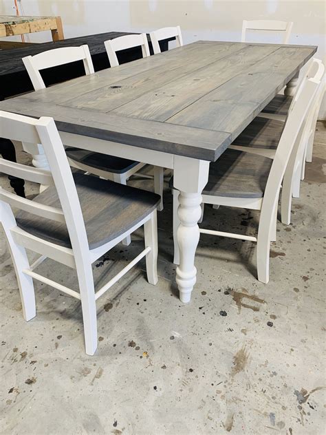 Modern Farmhouse Table with Turned Legs, Chair Set Classic Gray Top and Antique White Base ...
