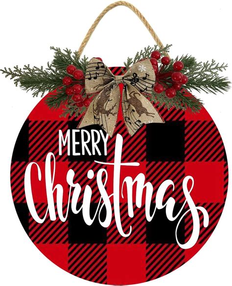 Eveokoki 11" Merry Sign, Christmas Signs For Wreaths, Buffalo Plaid Christmas Sign For Front ...