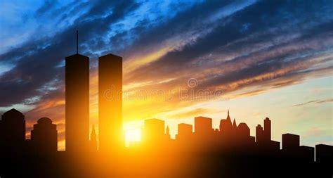 New York Skyline Silhouette with Twin Towers at Sunset. American Patriot Day Banner. Stock Photo ...
