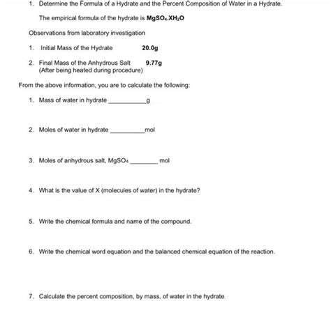 Solved 1. Determine the Formula of a Hydrate and the Percent | Chegg.com