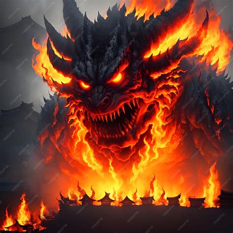Premium Photo | A big demon monster burning a village Fantasy world