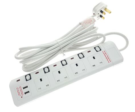 4 Way 5M Extension Lead with 2 Way USB port Portable Socket Surge ...