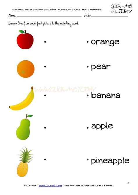 an orange, pear, banana and pineapple worksheet with words in english