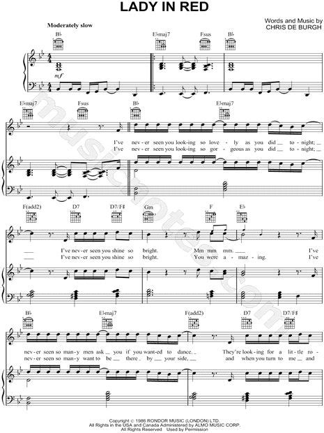 Chris De Burgh "Lady in Red" Sheet Music in Bb Major (transposable) - Download & Print | Sheet ...