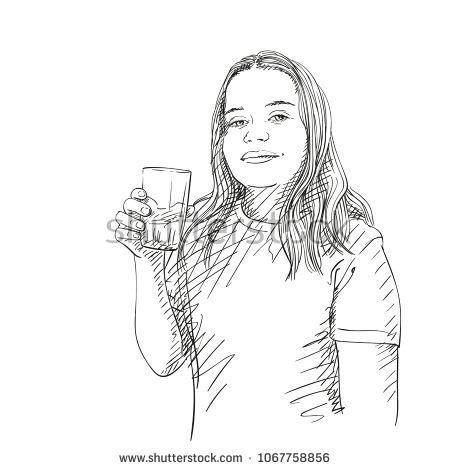 Sketch of teenage girl with long hair drinking water from glass, Hand drawn vector illustration ...