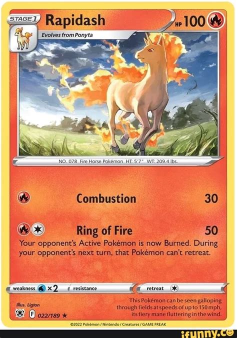 100 Rapidash Evolves from Ponyta 0, 078. Fire Horse Pokemon, HT.5'7>, WT. 209.4 Ibs. Ne ...