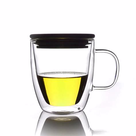 1x350ml Double Wall Heat Resistant Clear Glass Tea Coffee Mug w/ Bamboo Lid SA3-in Mugs from ...