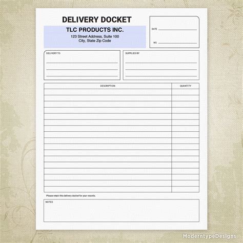 Delivery Docket Printable Form with Lines, Personalized, #1