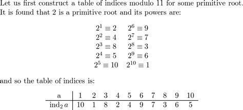 Using a table of indices for a primitive root of $11,$ solve | Quizlet