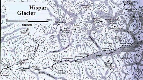 Map and photograph of the Hispar Glacier Region of the Pakistan Karakoram: Trivor, Momhil Sar ...