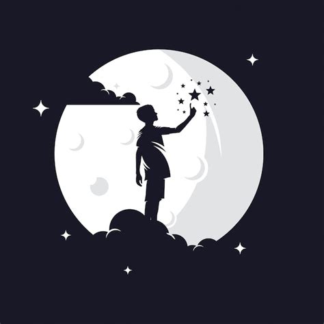 Premium Vector | Kid reaching stars silhouette against moon