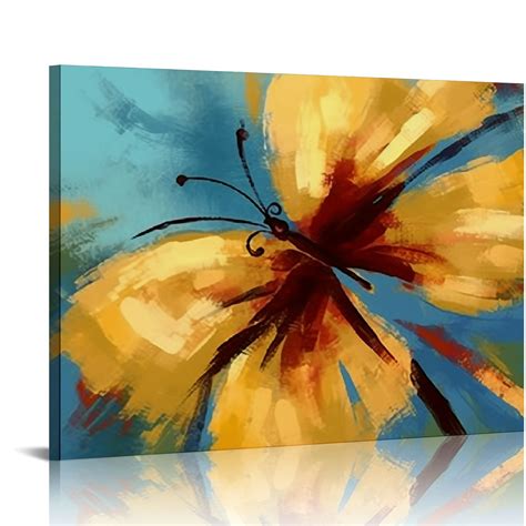 JEUXUS Modern Canvas Flower Wall Art Abstract Gold Butterfly Blue Background Paintings on Canvas ...