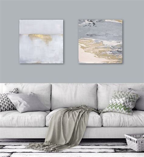 2 20x20 Abstract Art Prints Canvas, Large Wall Art, Abstract Landscape, Pour Painting, Grey Gold ...