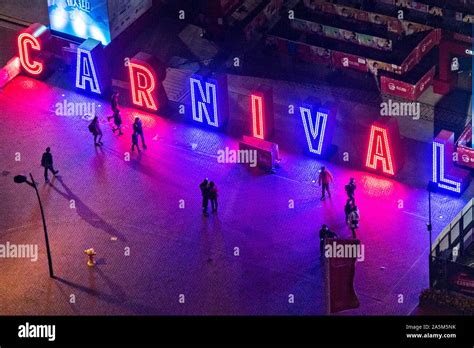 Neon sign marking the entrance to the annual winter carnival at the AIA Vitality Park in the ...