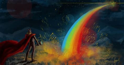 a painting of a man standing in front of a rainbow