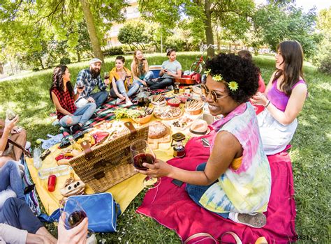 Happy friends doing picnic in public park outdoor - Young trendy ...