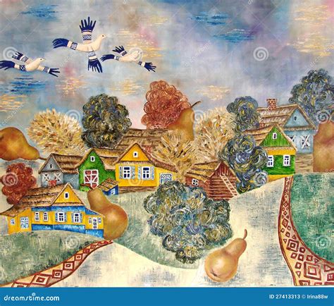 Painting Of Russian Village With Modern Style. Stock Photos - Image: 27413313