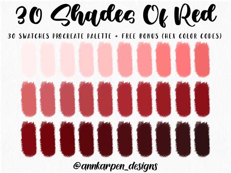 30 Shades of Red Procreate Palette, 30 HEX Color Codes, Instant Digital ...