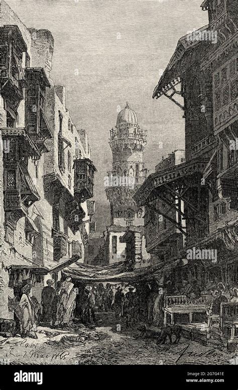 Old street in the historic center of Cairo in 19th century, Egypt ...