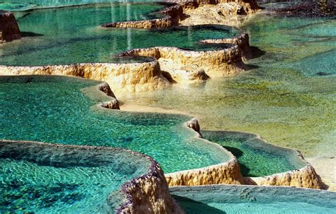 Wallpaper China, China, pools, Sichuan province, Huanglong, Sichuan Province, Travertine pools ...