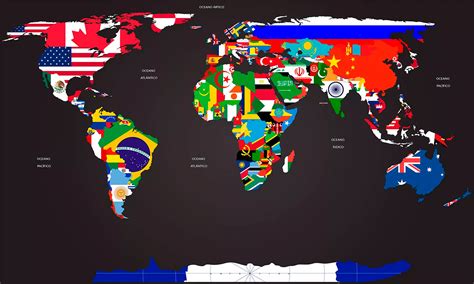 Papel de Parede Mapa Mundi com bandeiras e nomes dos países