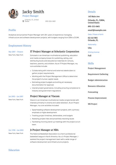 Project List Template For Resume