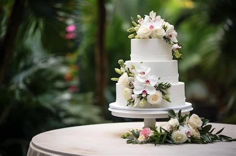 Premium Photo | White wedding cake on floral background