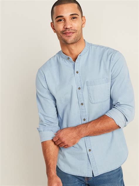 Slim-Fit Built-In Flex Chambray Banded-Collar Shirt for Men | Old Navy | Banded collar shirts ...