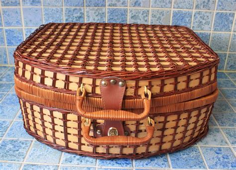 Complete Vintage Wicker Picnic Basket with set Dinnerware Boho Basket Wicker Suitcase